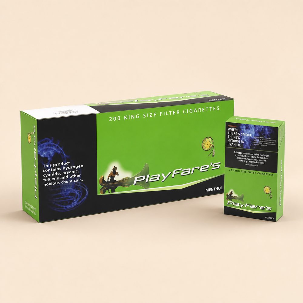 Playfare's Menthol cigarette carton — demonstration product image